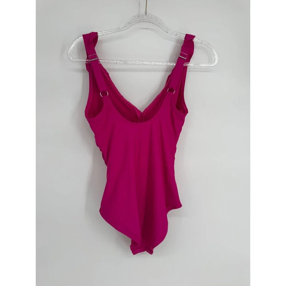 DKNY Pink Ruched Ruffle One Piece Swimsuit Adjustable Straps Pink Magenta Sz S - Picture 3 of 10